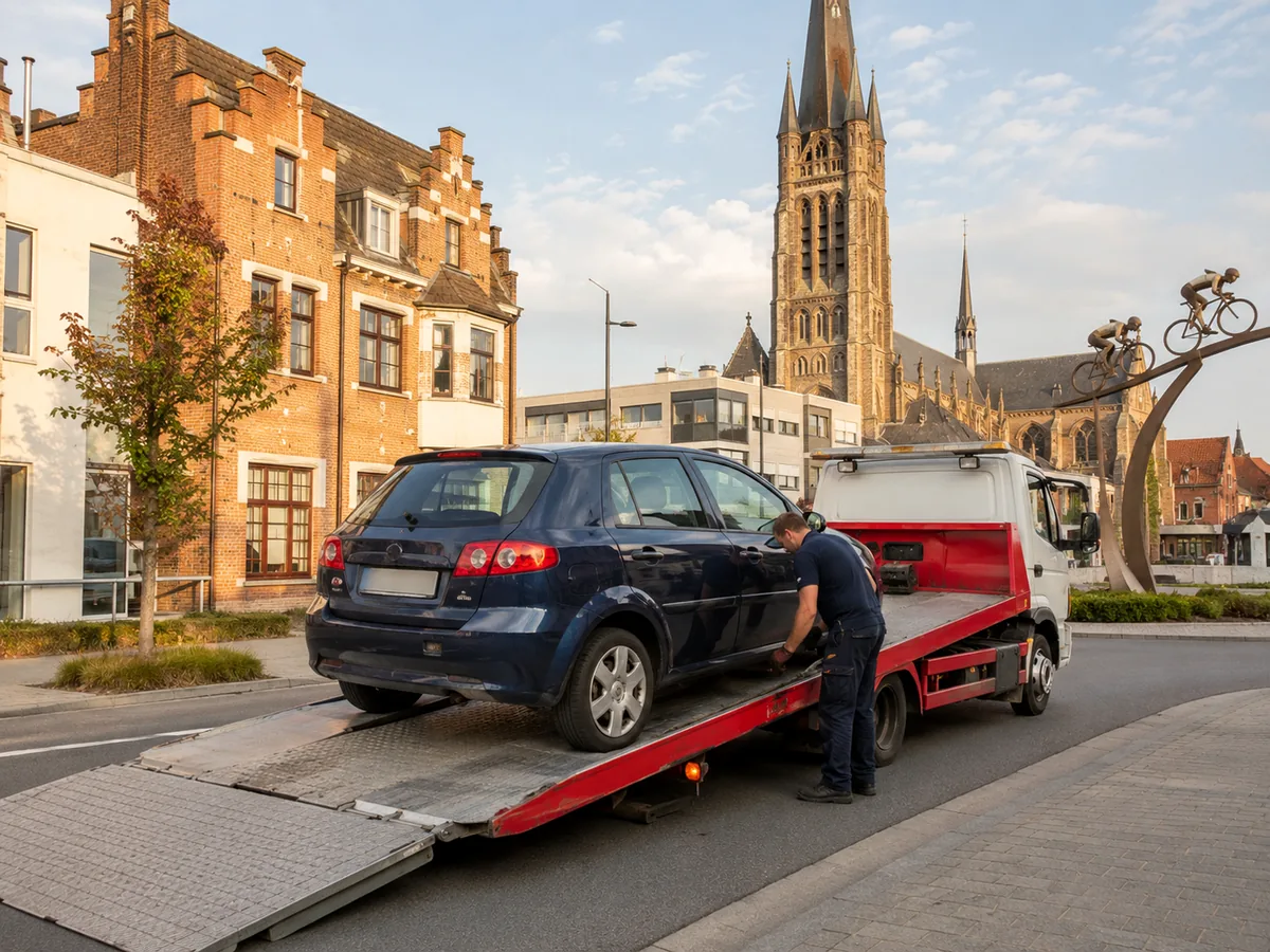 Auto wordt in Roeselare op een oprijwagen geladen voor gratis ophaling, met de Grote Markt op de achtergrond